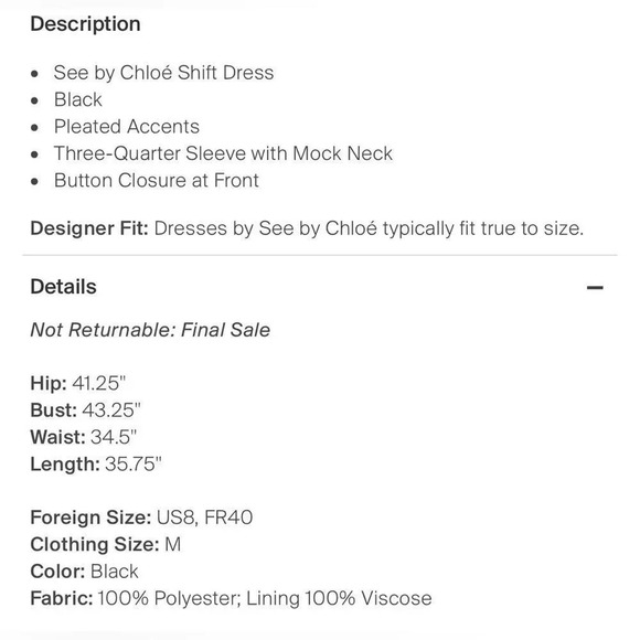 See by Chloe 3/4 sleeve pleated button up shift dress sz 8 textured - Picture 9 of 9